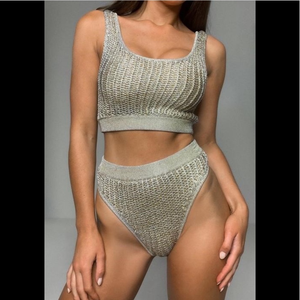 Premium Gold Metallic Knitted Bikini Swim Set
